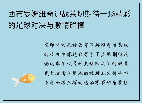 西布罗姆维奇迎战莱切期待一场精彩的足球对决与激情碰撞