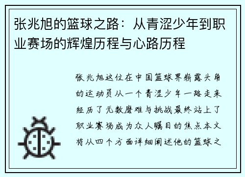 张兆旭的篮球之路：从青涩少年到职业赛场的辉煌历程与心路历程